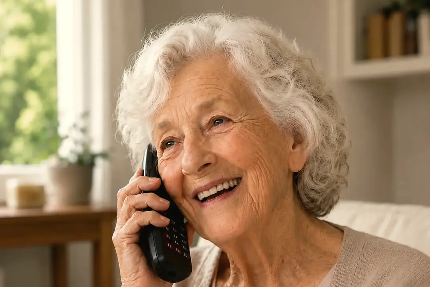 An older woman laughing while talking on a cordless landline phone at home